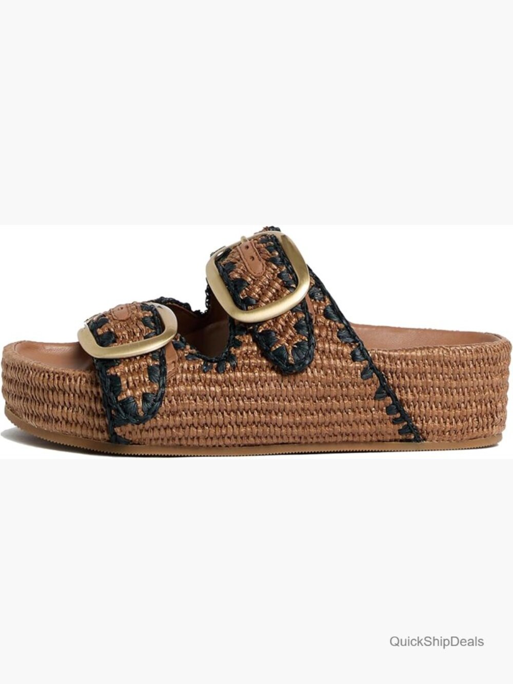 Woven Double-Buckle Espadrille Slide in Brown and Black Trim